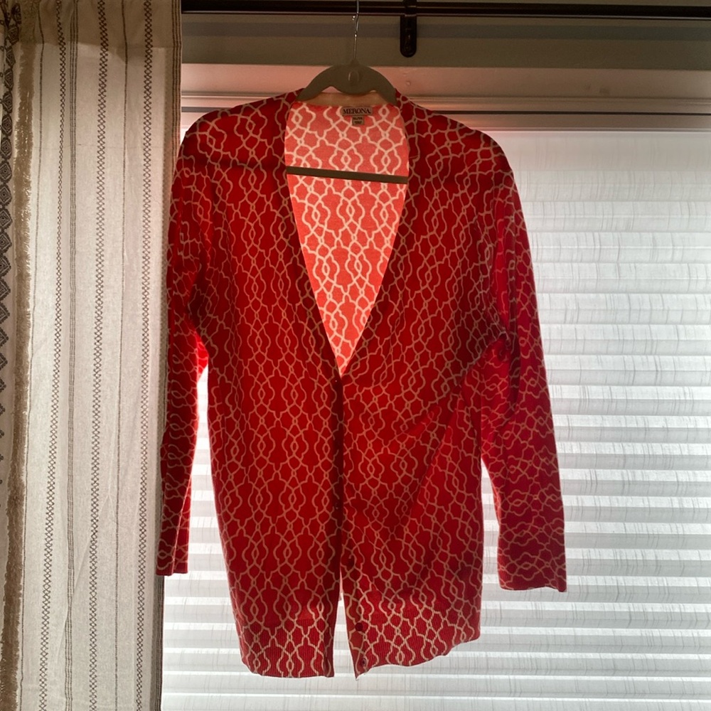 Cardigan button down sweater orange and white print